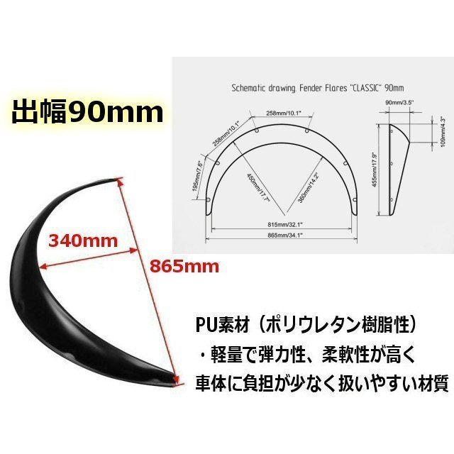 汎用 軽量 オーバーフェンダー 4枚 セット 片側 出幅 90mm 艶消し 黒 マット ブラック ハミタイ対策 バーフェン 送料無料/3_画像2