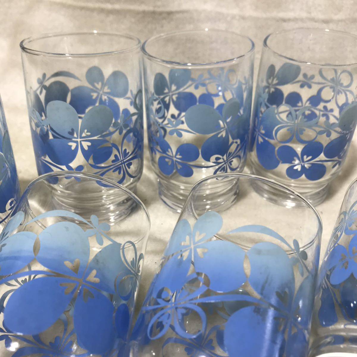C508 昭和レトロ ガラスコップ 7点 佐々木硝子 ササキガラス フラワープリント ブルー レトロポップ_画像2