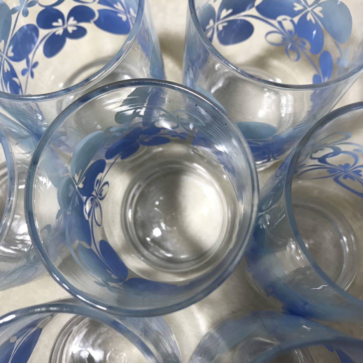 C508 昭和レトロ ガラスコップ 7点 佐々木硝子 ササキガラス フラワープリント ブルー レトロポップ_画像6