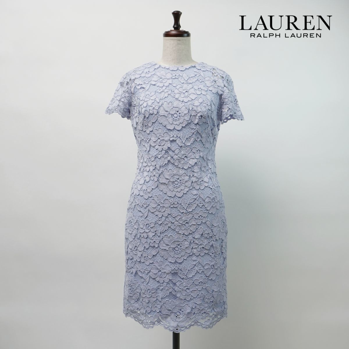 美品 LAUREN RALPH LAUREN ローレン ラルフローレン 総レース刺繍 半袖タイトワンピース 裏地あり レディース 水色 サイズ0*LC490_画像1