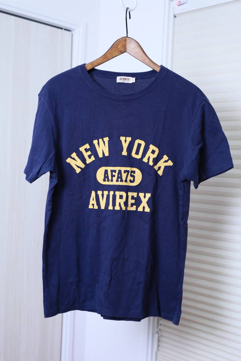 ★AVIREX アヴィレックス クラッキング加工プリント半袖Tシャツ　　古着ユーズド男性メンズL青ブルーネイビー濃紺服中古ミリタリー_画像1