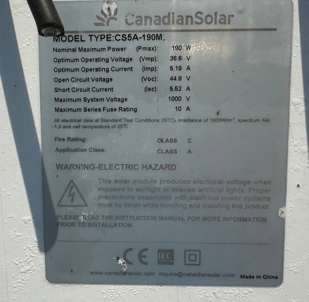 ★1円出品〜 CanadianSolar カナディアンソーラ CS5A-190W 190W ソーラーパネル 太陽電池モジュール 10枚セット_画像3