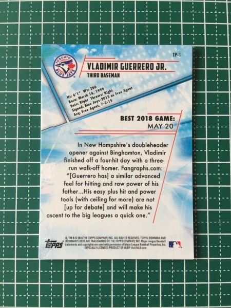 即決のみ！★TOPPS MLB 2018 BOWMAN'S BEST TP-1 VLADIMIR GUERRERO JR.【TORONTO BLUE JAYS】ベースカード 250枚限定 パラレル 18★_画像2
