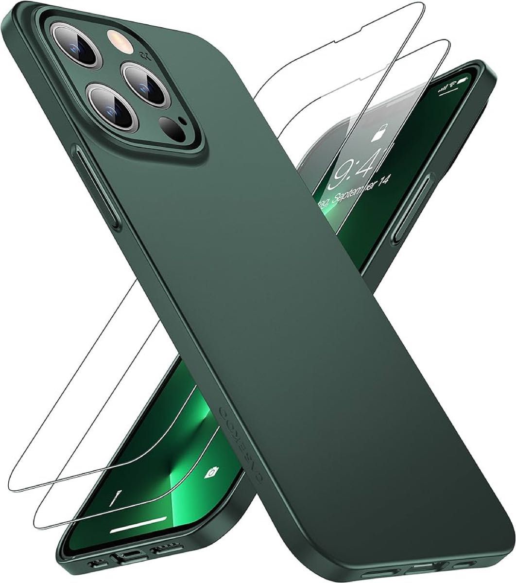 CASEKOO iPhone 13proケース、ガラスフィルム付き、指紋防止、薄い、軽量、滑らかな質感、スクリーンレンズ保護