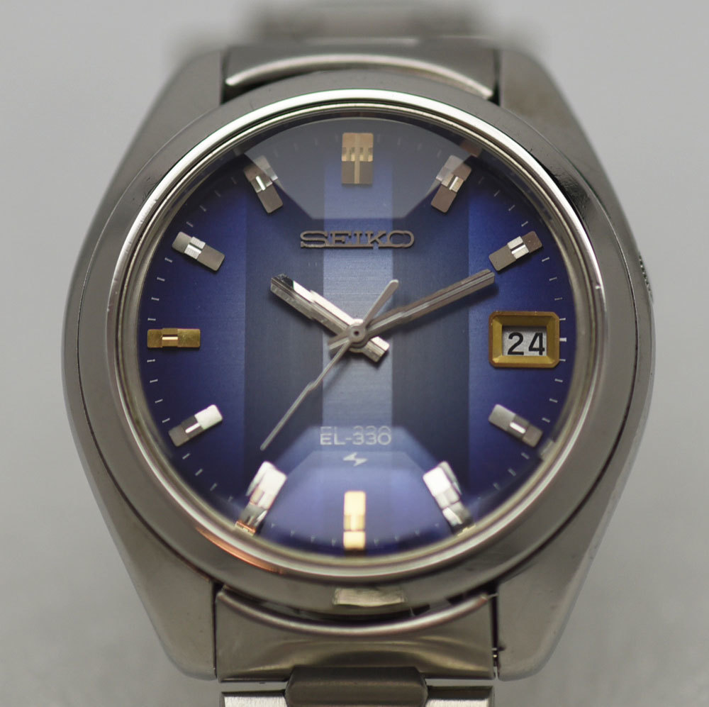 1972年 セイコー 電磁テンプ EL-330 異色の竜頭位置 青紫グラデーションダイヤル 電子式腕時計 5面カットガラス ビンテージ プレエルニクス_画像3