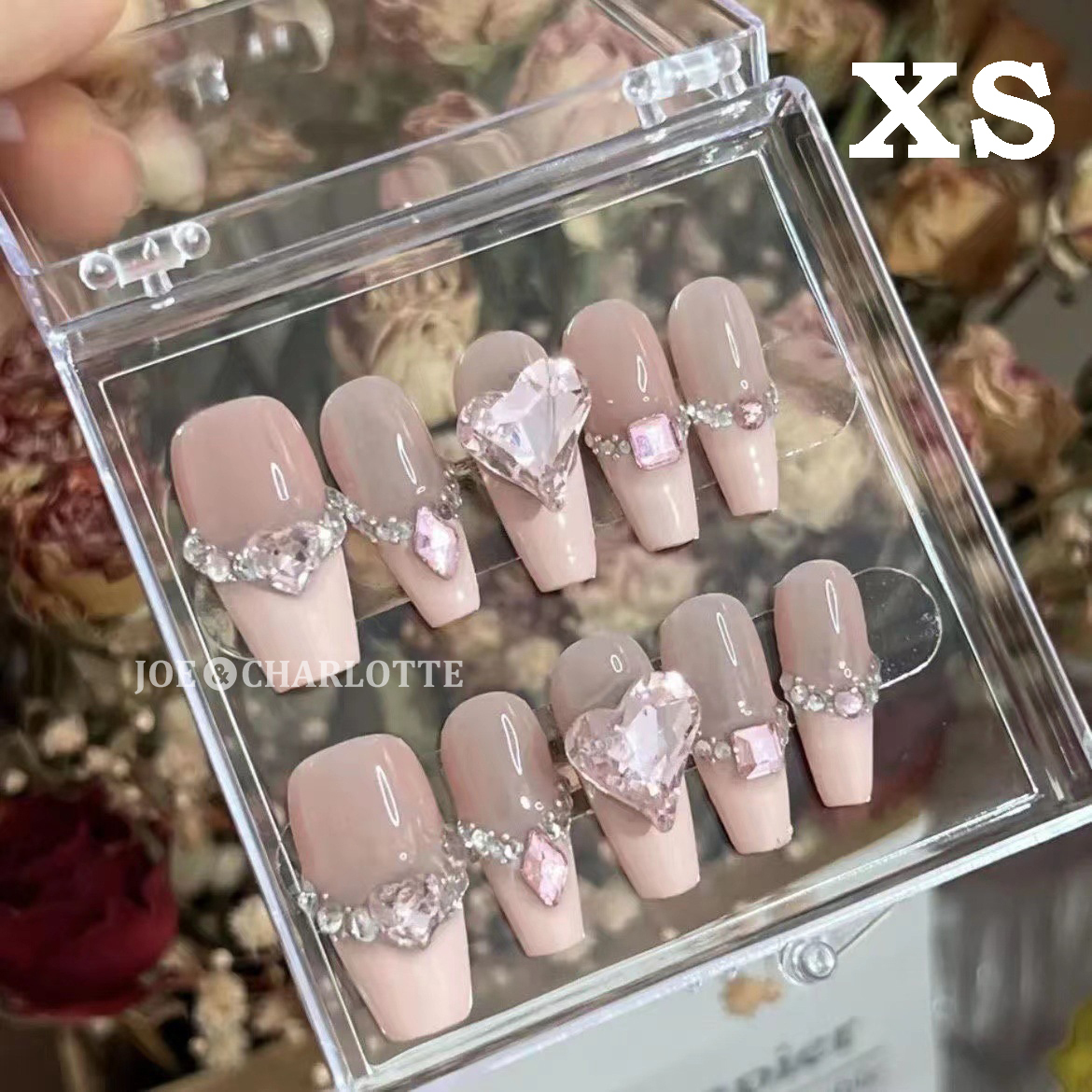 No.60 XS gel artificial nails lame Heart pink gem biju- French XS