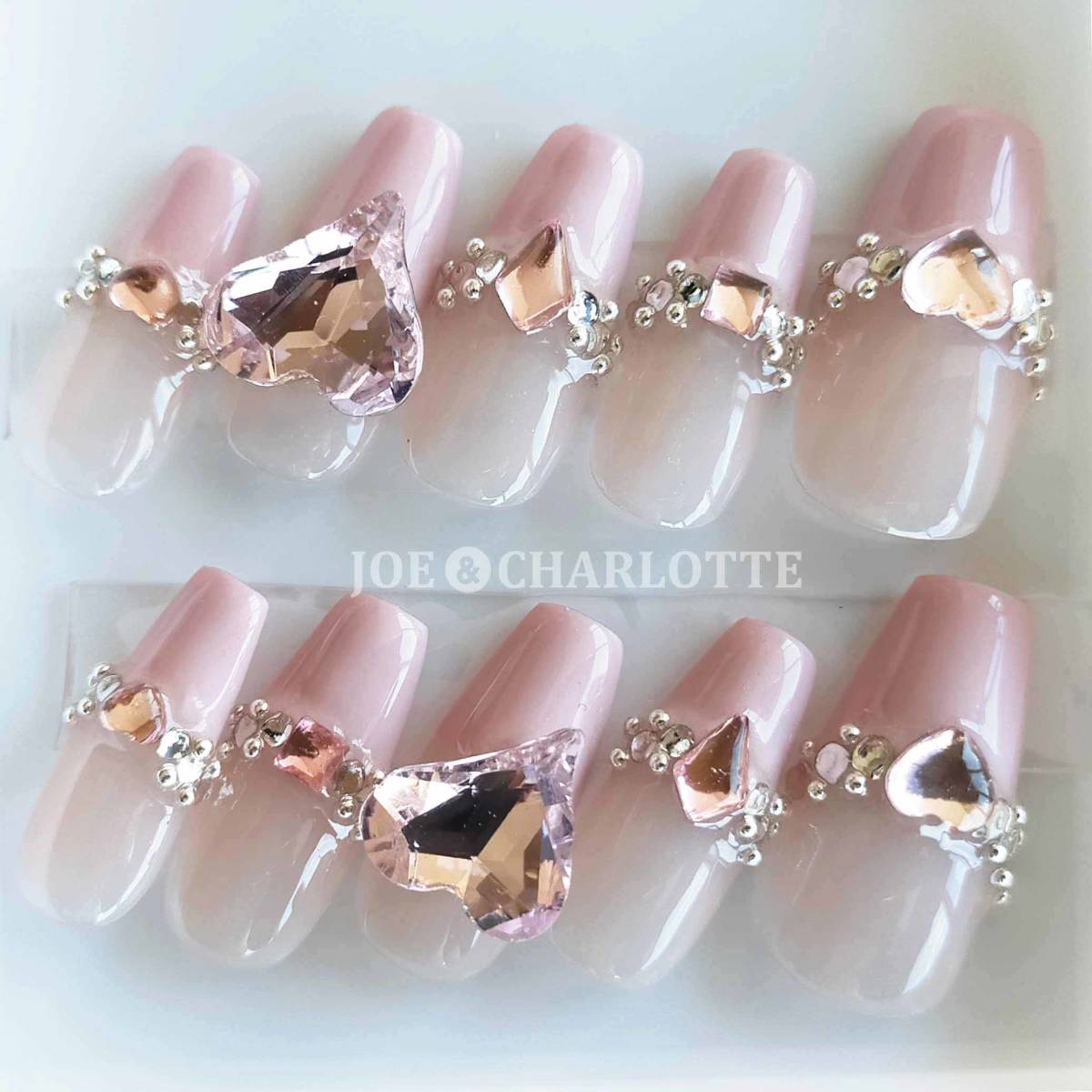 No.60 XS gel artificial nails lame Heart pink gem biju- French XS