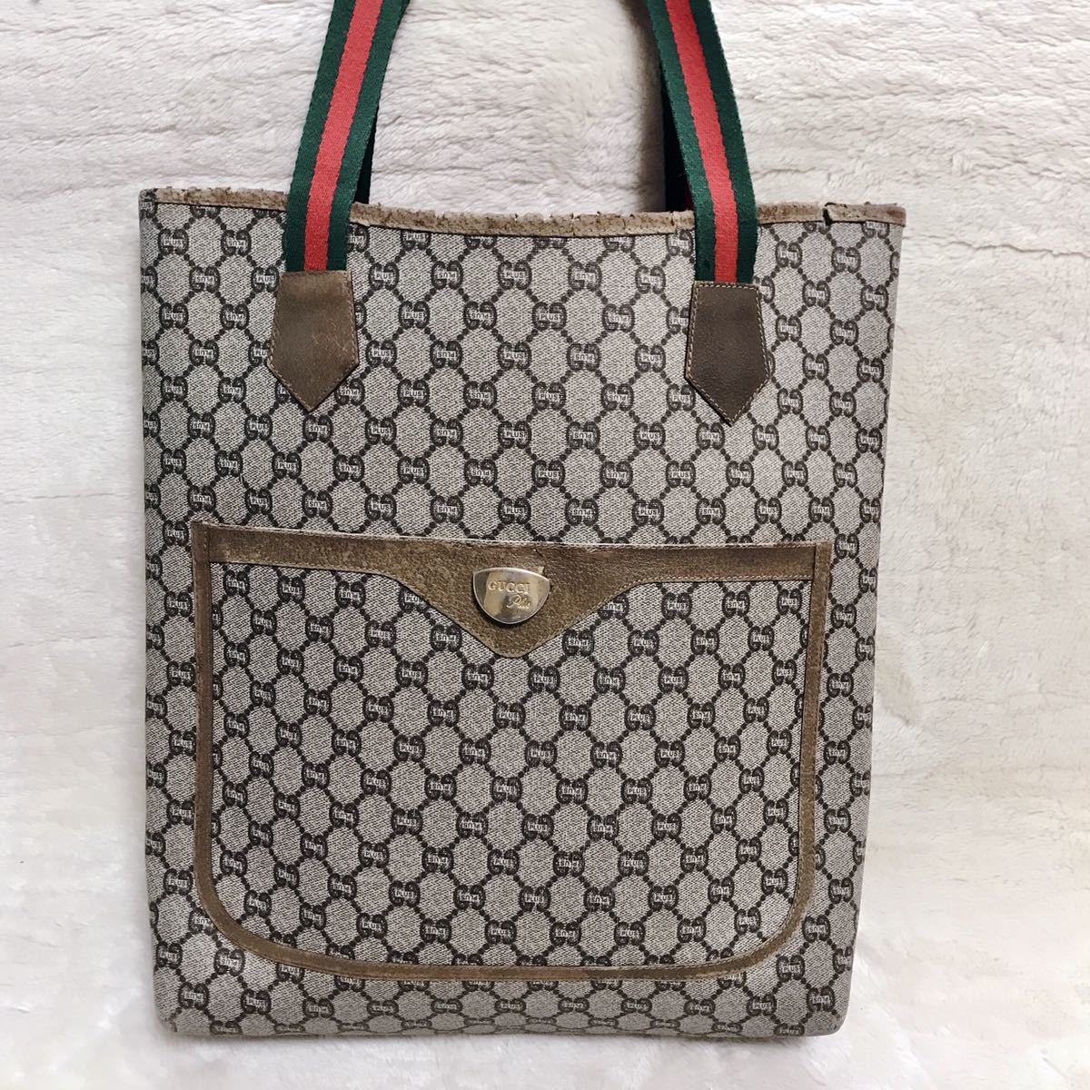 オールドグッチ GUCCI PLUS PVC 大容量 トートバッグ レザー 総柄 シェリーライン GGプラス ショルダーバッグ