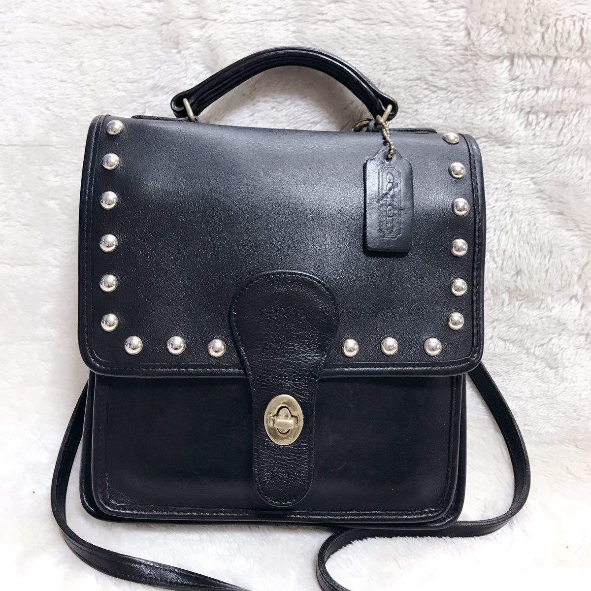  beautiful goods ultra rare Old Coach studs Turn lock shoulder bag black COACH Cross body diagonal .. all leather black 