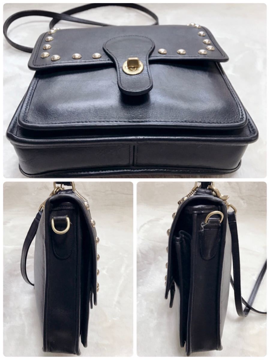  beautiful goods ultra rare Old Coach studs Turn lock shoulder bag black COACH Cross body diagonal .. all leather black 