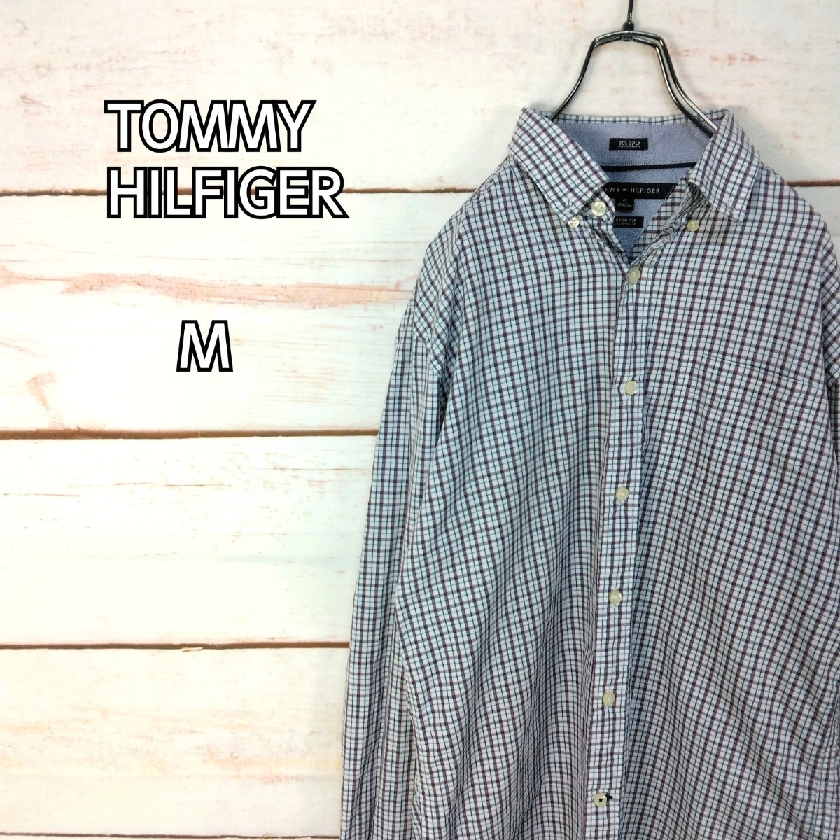 TOMMY HILFIGER トミーヒルフィガー 長袖ボタンダウンシャツ フラッグ刺繍 チェック柄 メンズ Mサイズの画像1