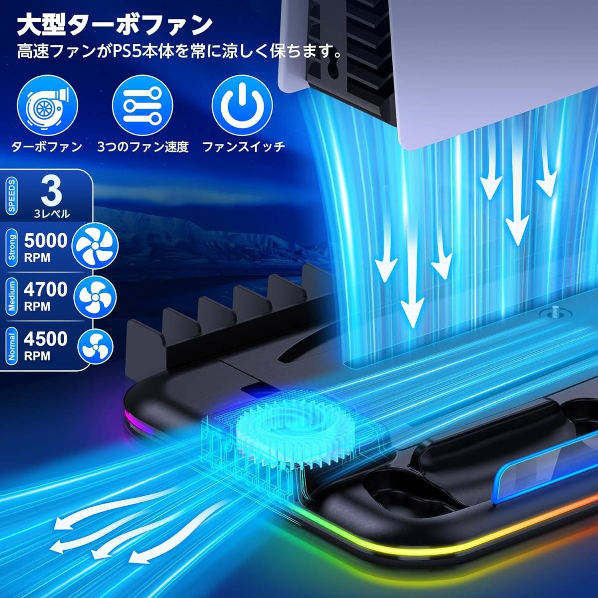 【LEDがオシャレに光る】PS5 Slim 縦置きスタンド 冷却 収納 多機能 コントローラー2台同時充電 USB RGB PS6 静音設計 過充電防止