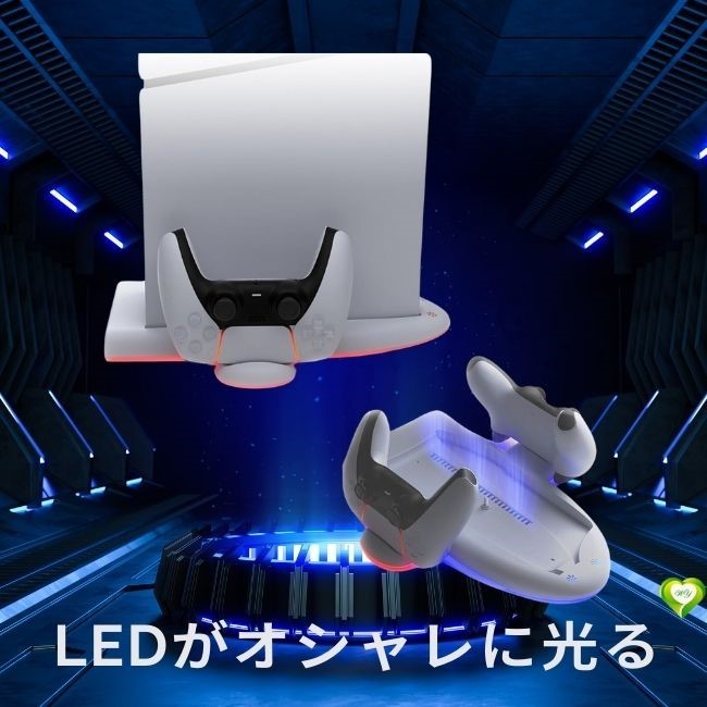 【LEDがオシャレに光る】PS5 Slim 縦置きスタンド 冷却 収納 多機能 コントローラー2台同時充電 USB PS6 静音設計 過充電防止