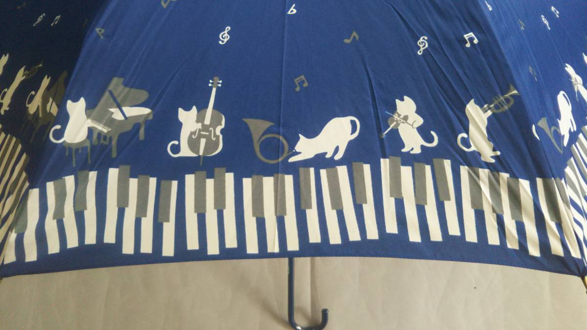 雨傘　耐風骨　ジャンプ長傘　ピアノ＆猫オーケストラ柄　紺　新品_画像2