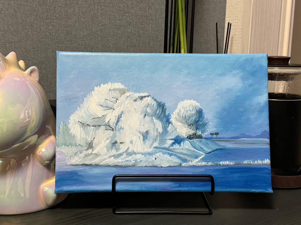 「雪原の狐」 手描き 油絵 油彩画 風景画 原画 氷青色の冬」手描き油絵風景画原画