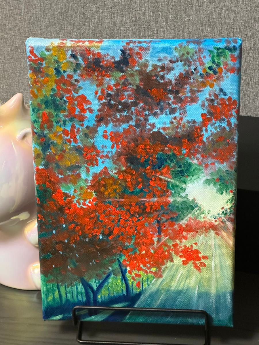 「紅葉と光」　手描き　油絵　風景画　原画