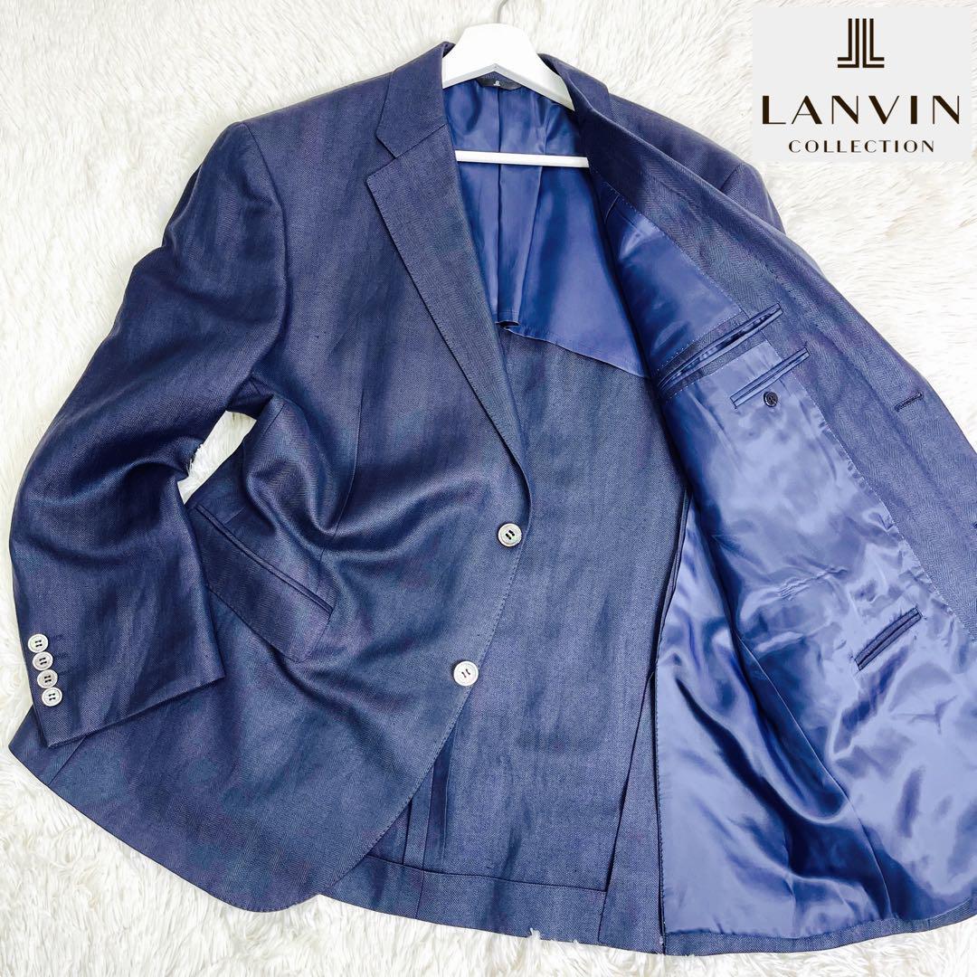 1245美品 希少XL カシミヤ＆リネン ランバン コレクション LANVIN テーラードジャケット ヘリンボーン ２つボタン 背抜き ネイビー_画像1