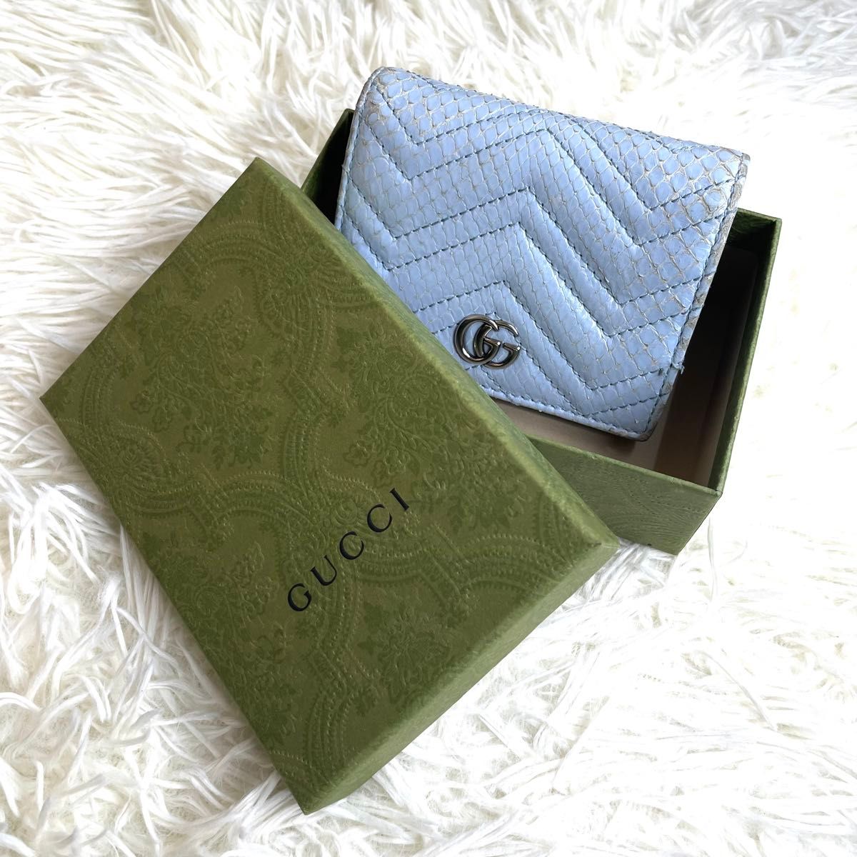 希少品 / GUCCI グッチ パイソンGGマーモントコンパクトウォレット 二つ折り財布 パイソンレザー ライトブルー