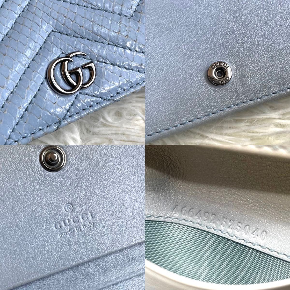 希少品 / GUCCI グッチ パイソンGGマーモントコンパクトウォレット 二つ折り財布 パイソンレザー ライトブルー