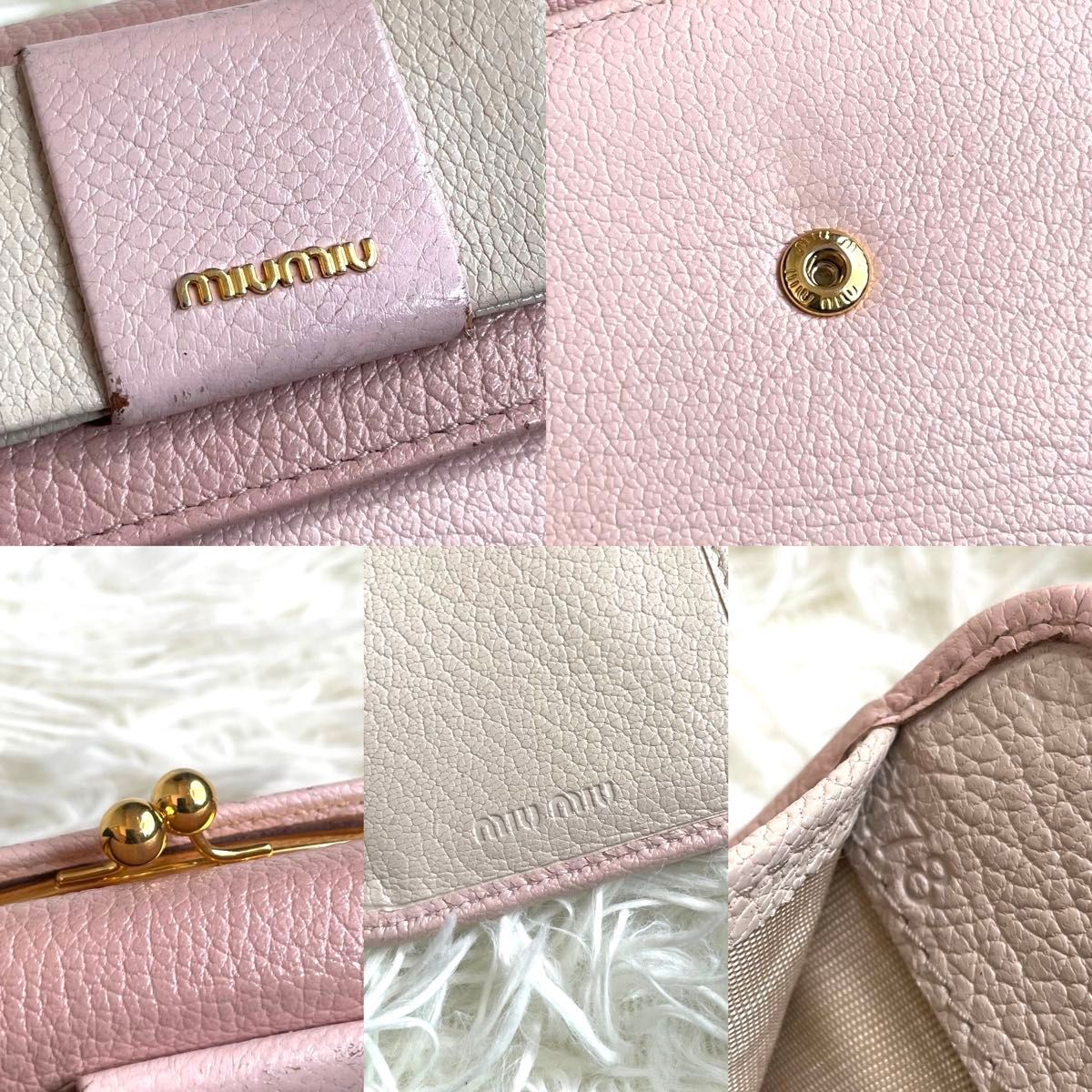 人気品 / miu miu ミュウミュウ マドラスフィオッコがま口ウォレット 二つ折り長財布 リボン レザー バイカラー ピンク