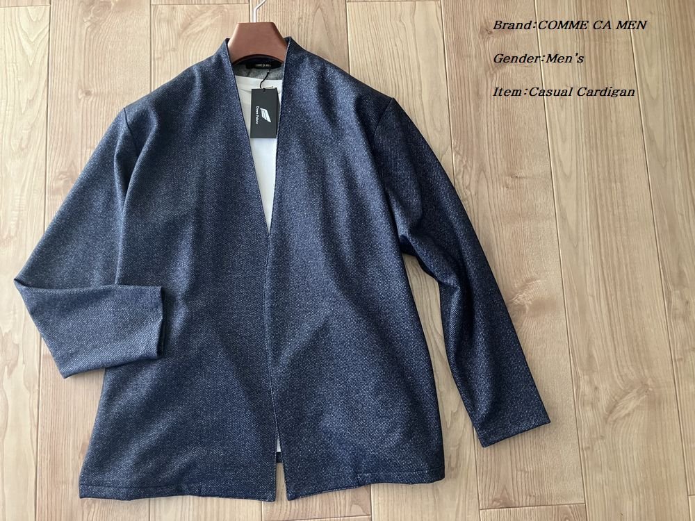 新品 COMME CA MEN コムサメン【日本製】ダウンファブリック デニムプリント カーディガン 09ネイビー Lサイズ 45CA08 定価36,300円_画像1