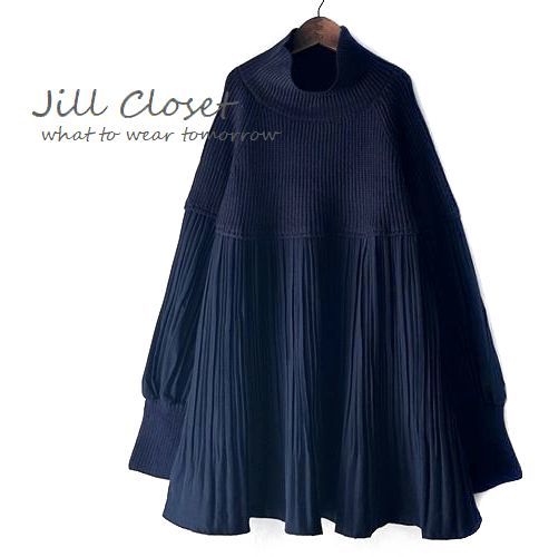 Jill.C［新品*ネイビー］ 送料185円 伸縮◎異素材切替え*リブニット×ブリーツdesign*プルオーバー*チュニック*ブラウス3167_画像6