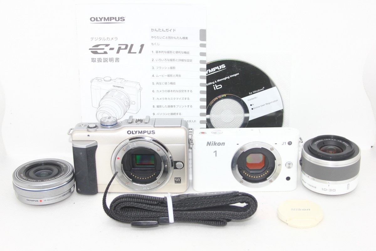 ミラーレスカメラ2点+レンズ2点まとめ売り】Nikon J1・Olympus ミラーレスカメラ2点+レンズ2点まとめ売り】Nikon J1・Olympus