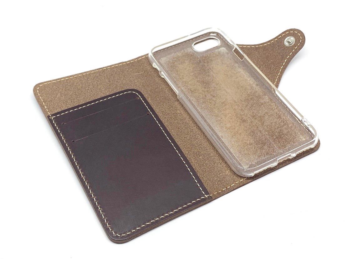 iPhone7/8/SE2/SE3 notebook type case original leather made in Japan dark brown 