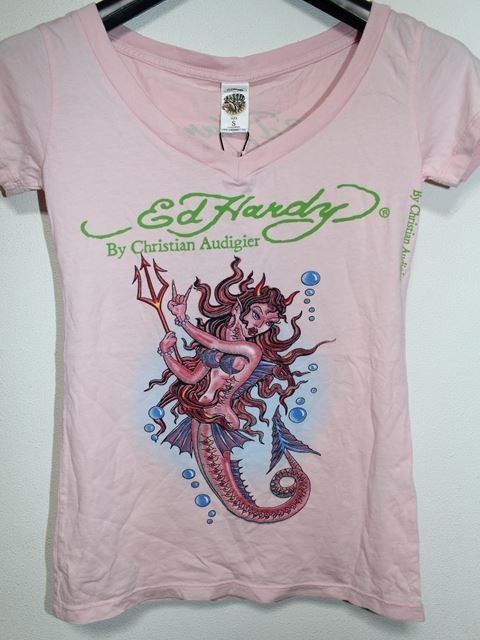 エドハーディー ed hardy レディース半袖Tシャツ Sサイズ W02VNEK167 デビルマーメイド ピンク 新品 Vネック_画像1