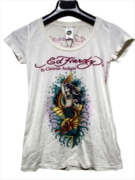 エドハーディー ed hardy レディース半袖Tシャツ MERMAID マーメイド XSサイズ SCOOP NECK オフホワイト 新品_画像1