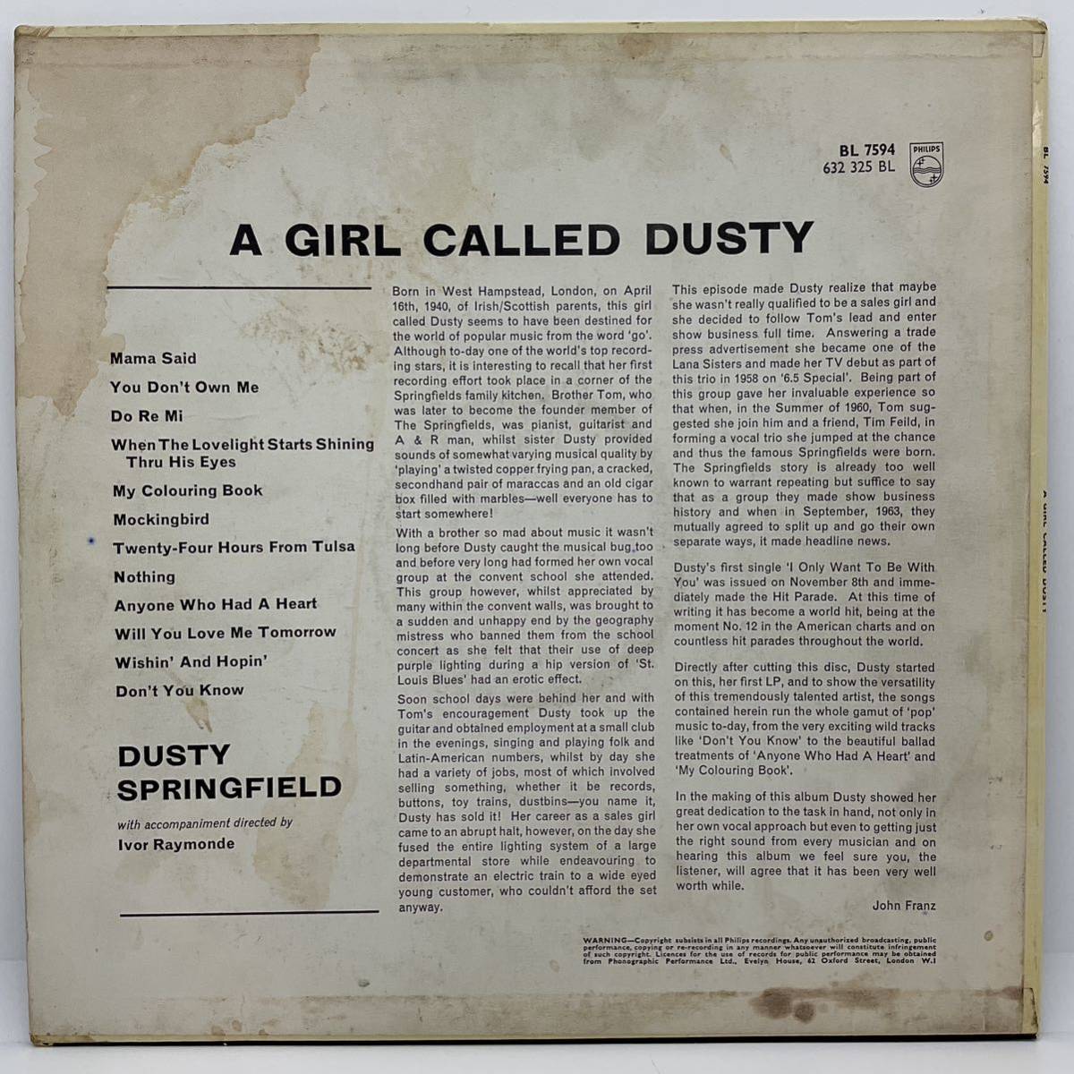 LP レコード 英 UK オリジナル / Dusty Springfield - A Girl Called Dusty / Philips BL 7594, Philips BL.7594_画像2