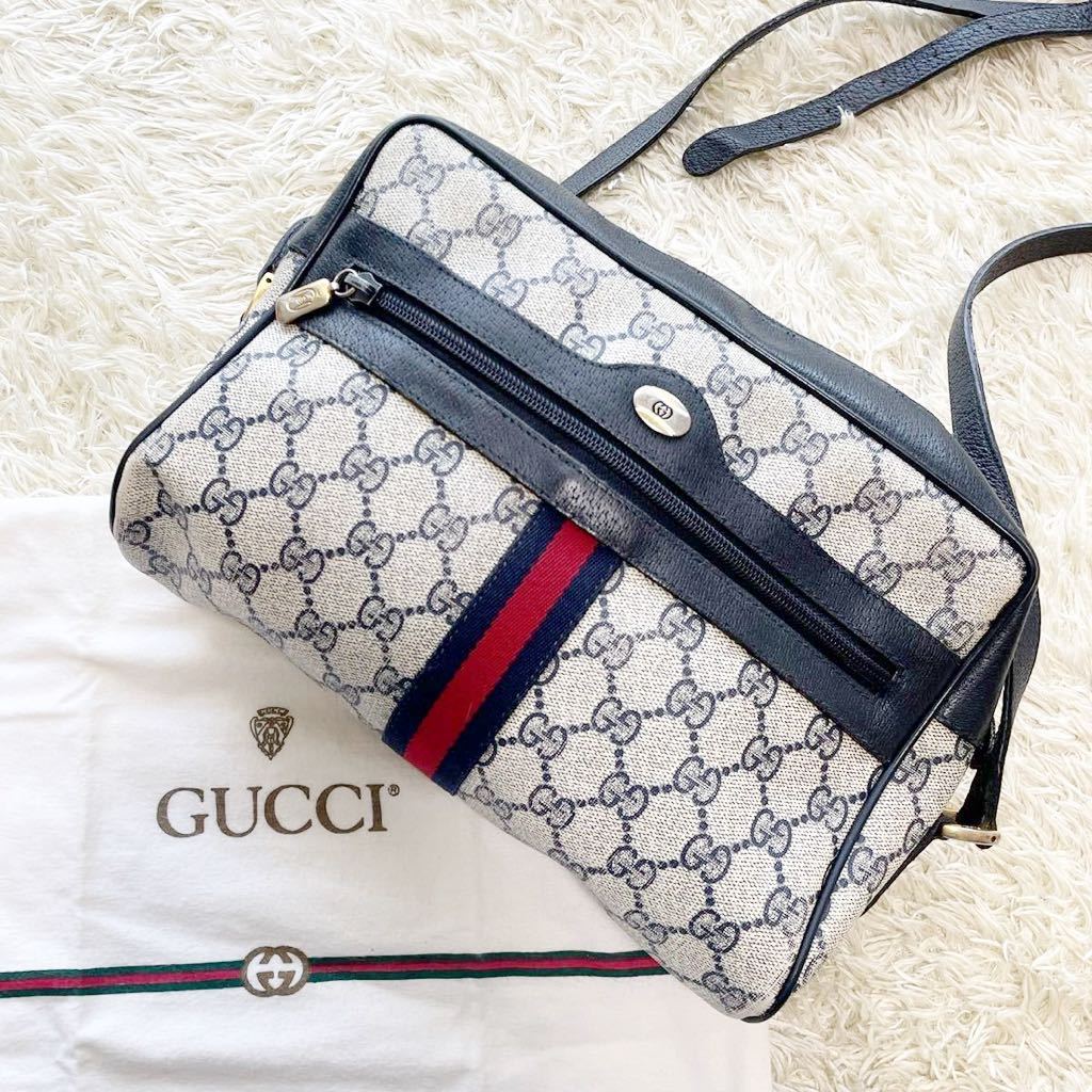 1円〜 GUCCI ショルダーバッグ シェリーライン GG オールドグッチ レザー PVC ネイビー ロゴ金具　ポシェット ウェブライン 現状品_画像1