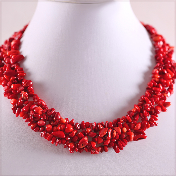 [NECKLACE] Natural Red Sea Coral Chip Beads ナチュラル 赤珊瑚 イレギュラー チップ チョーカー ショート ネックレス 45cm 【送料無料】_画像1