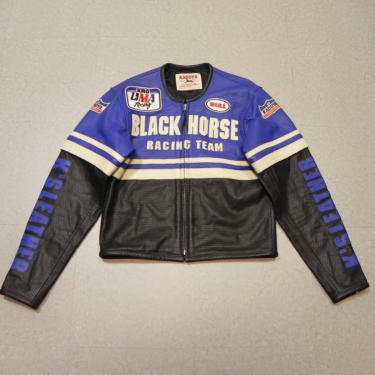 美品 KADOYA カドヤ ライダースジャケット 本革 BLACK HORSE ブラックホース パンチング メッシュ レザージャケット LL 中古 古着 ★hの画像1