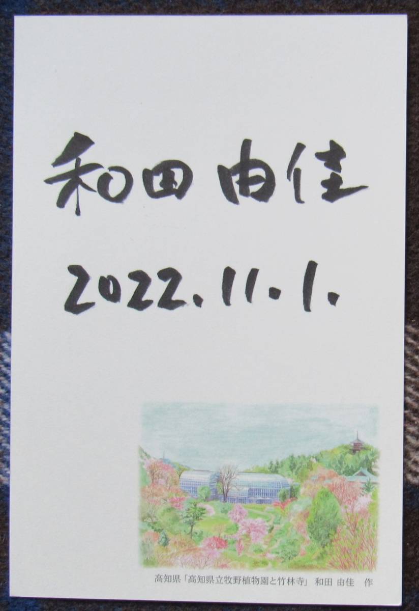 R25,令和5年用年賀はがき、高知県板、牧野富太郎植物園を描く、裏面に作家の直筆サイン大きくあり、実際に使用されたもの、和田由佳_画像1