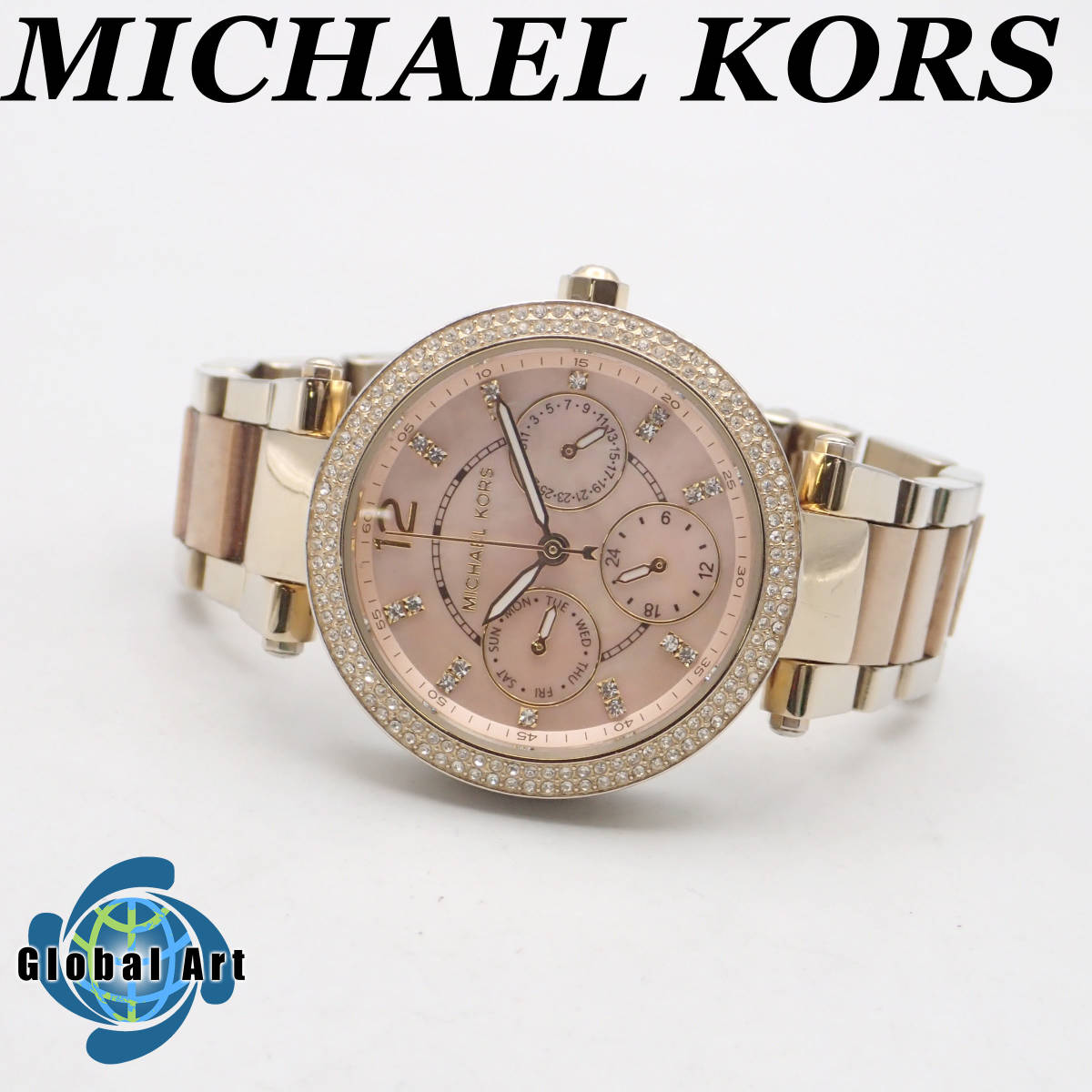 う09420/MICHAEL KORS マイケルコース/クオーツ/レディース腕時計/18P/石付ベゼル/文字盤 ピンク×シェル/MK-6477_画像1