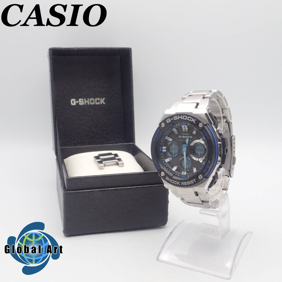 う12203/CASIO カシオ/G-SHOCK/Gスチール/ソーラー/メンズ腕時計/マルチバンド6/ブラック×ブルー/GST-W100D/箱・コマ付_画像1