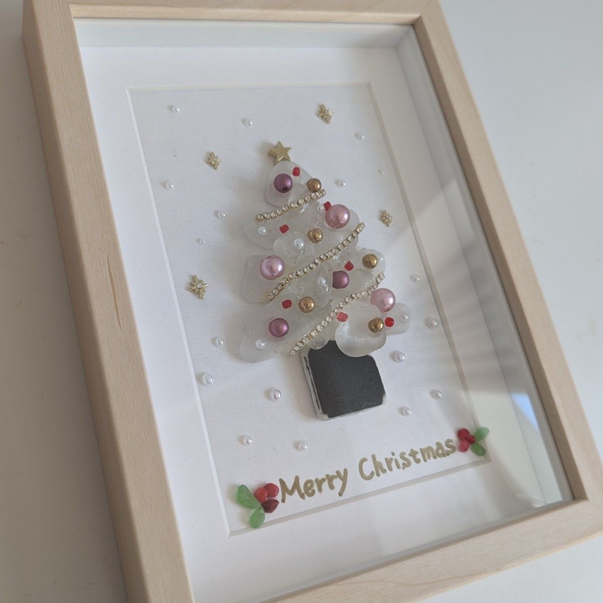 White Xmas tree シーグラス/天然石/フレームアート/クリスマス White Xmas tree シーグラス/天然石/フレームアート/クリスマス