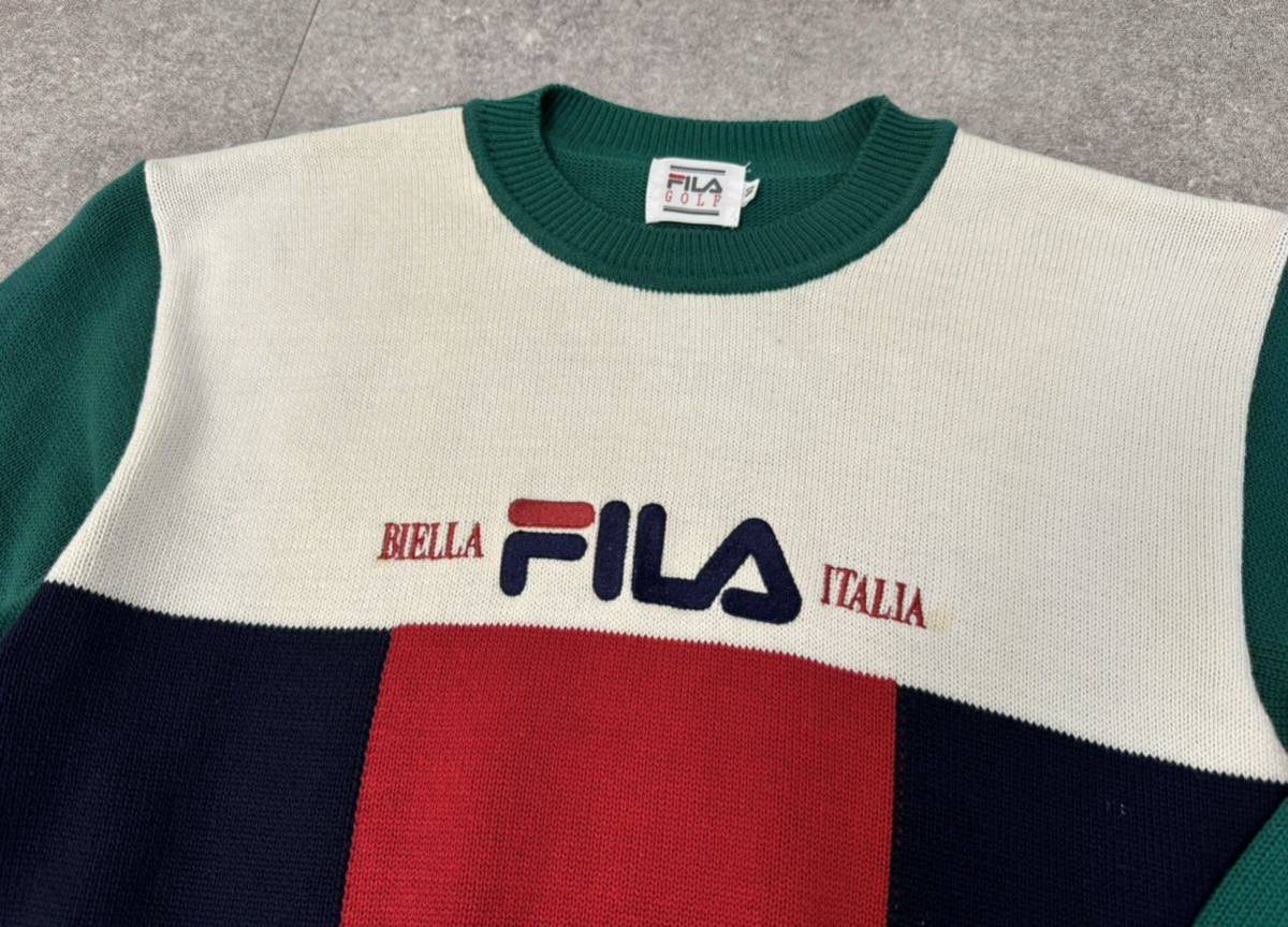 激レア 希少 美品 FILA golf 90s vintage ロゴ 刺繍 イタリアン トリコロール カラー コットン ニット セーター 40 フィラ ゴルフ 90年代_画像8