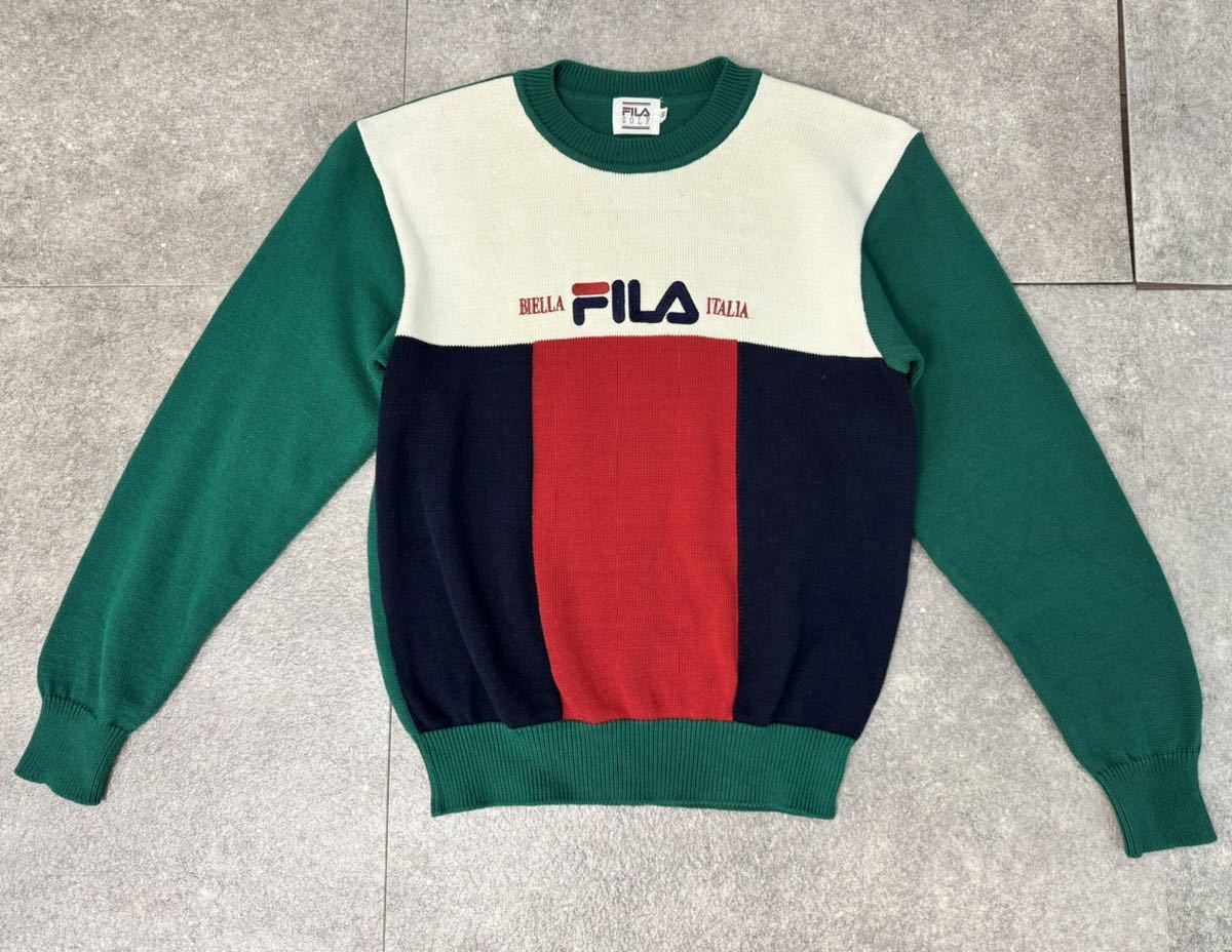 激レア 希少 美品 FILA golf 90s vintage ロゴ 刺繍 イタリアン トリコロール カラー コットン ニット セーター 40 フィラ ゴルフ 90年代_画像6