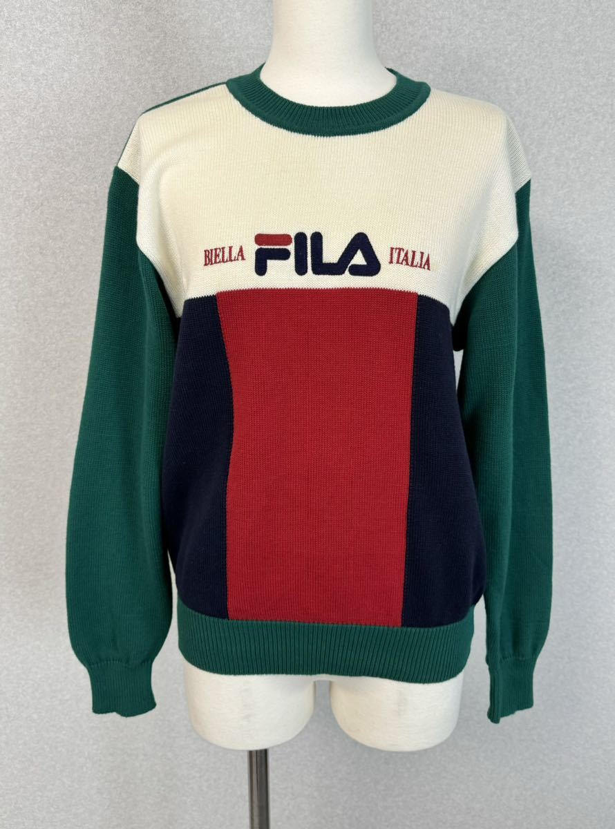 激レア 希少 美品 FILA golf 90s vintage ロゴ 刺繍 イタリアン トリコロール カラー コットン ニット セーター 40 フィラ ゴルフ 90年代_画像1