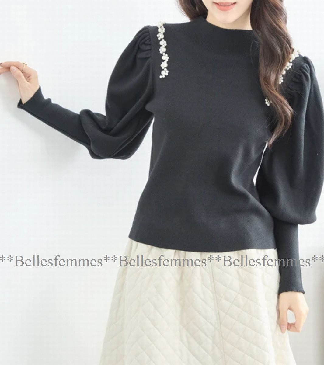 ★Belles*★新品★送料185円★M～L★女性らしい甘さ*ポワン袖*ボリューム袖パール*柔らかもっちり*上品ニット*プルオーバーセーター1552黒*_画像5