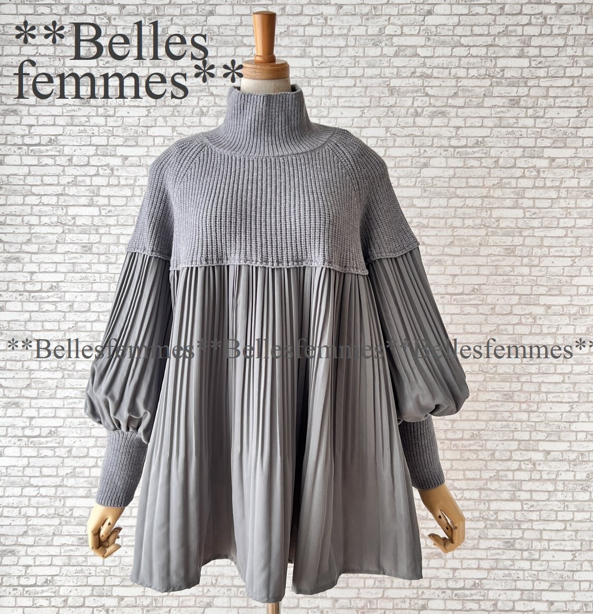 ★Belles*★新品★送料185円★M～L★ニット×プリーツ*ポワン袖*異素材*一枚で大人可愛い*フワッと体型カバーチュニック*ボリューム袖*218G_画像2