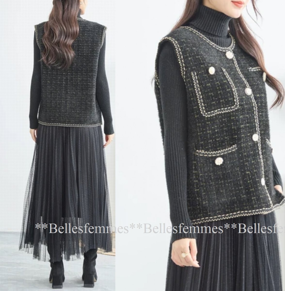 ★Belles*★送料185円★新品★お洒落な大人女性のツイード風ニットベスト*大人可愛いボタンデザイン*goldトリミング*123ブラック*ジレ*M～L_画像8