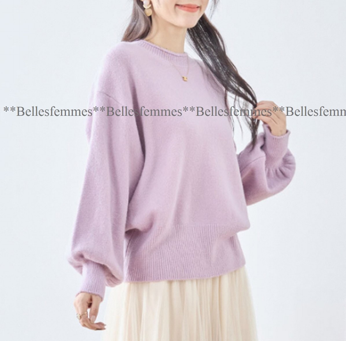 ★Belles*★送料185円★新品★ふっくら起毛暖かニット*ポワン袖がほんのり甘さをプラス*シンプル華奢見せ華やかセーター*470ラベンダーM～L_画像4