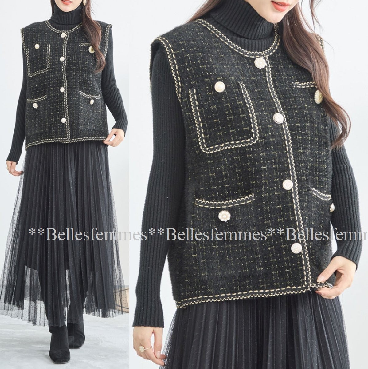 ★Belles*★送料185円★新品★お洒落な大人女性のツイード風ニットベスト*大人可愛いボタンデザイン*goldトリミング*123ブラック*ジレ*M～L_画像2