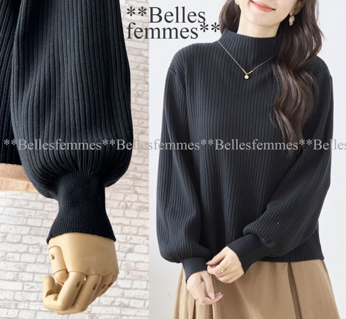 ★Belles*★送料185円★新品M～L*ポワン袖のエレガントなシンプルニット*柔らかで落ち感のある大人セーター*フレアスカートに♪1524黒TRUBE_画像1