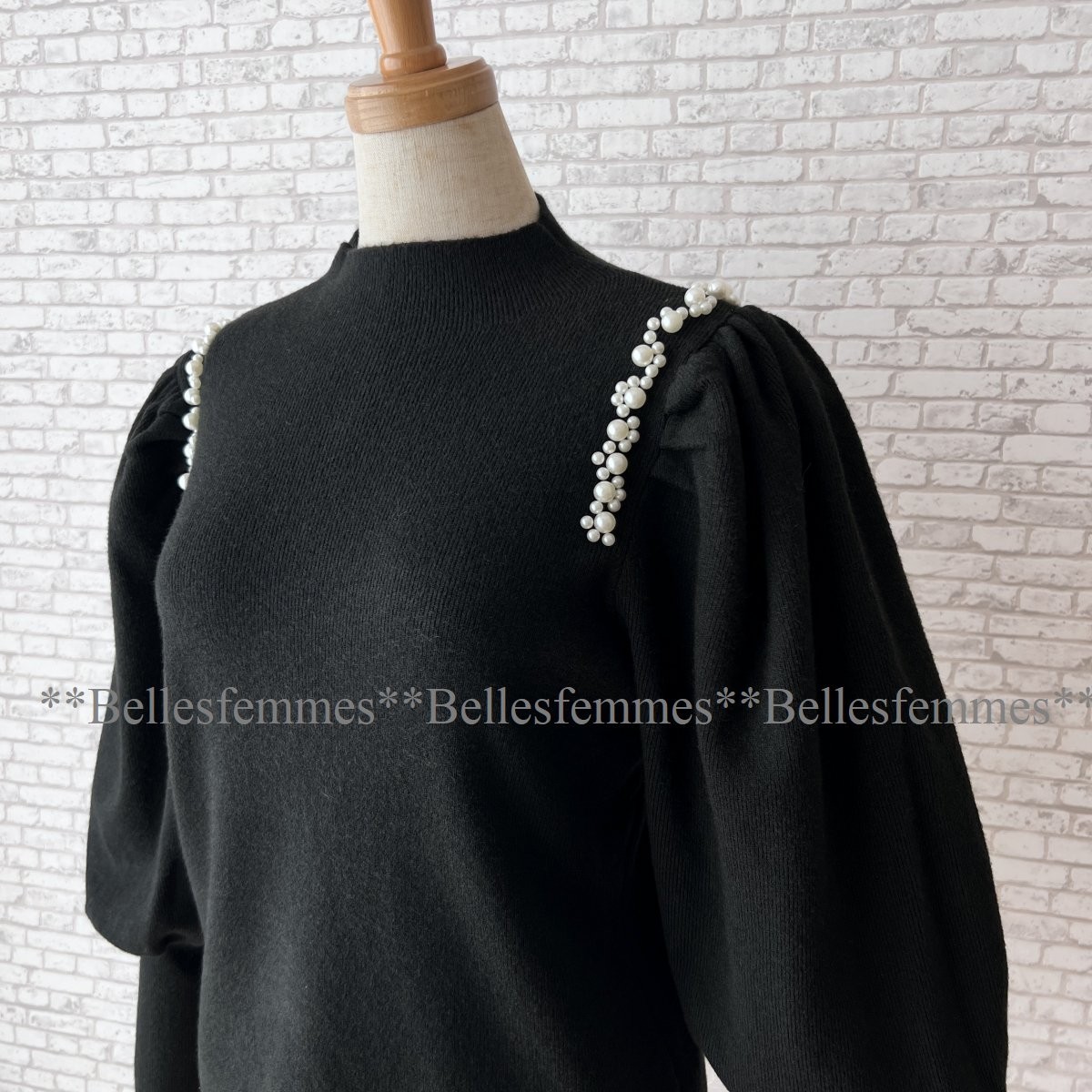 ★Belles*★新品★送料185円★M～L★女性らしい甘さ*ポワン袖*ボリューム袖パール*柔らかもっちり*上品ニット*プルオーバーセーター1552黒*_画像3