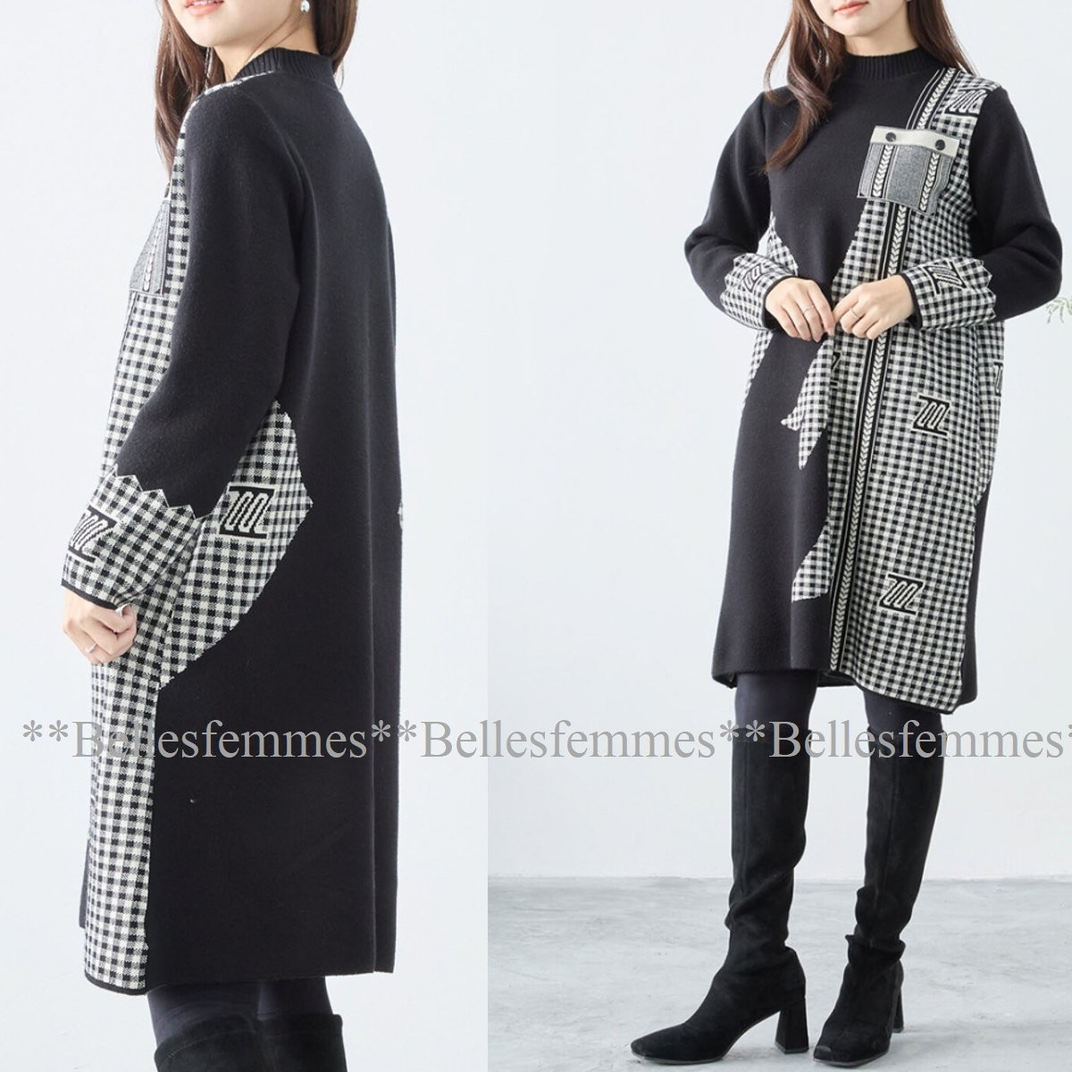 ★Belles*★送料185円★新品M～L*寒さに負けない*しっとりもっちりニット*ギンガムチェック*チュニックワンピース276黒*オフィスにもTRUBE_画像2