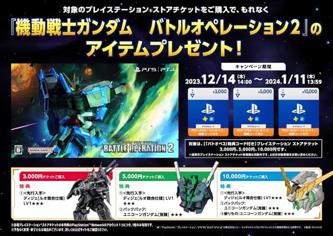 PSストアチケット10,000円購入特典 機動戦士ガンダムバトルオペレーション2 特典アイテムプロダクトコード　バトオペ2